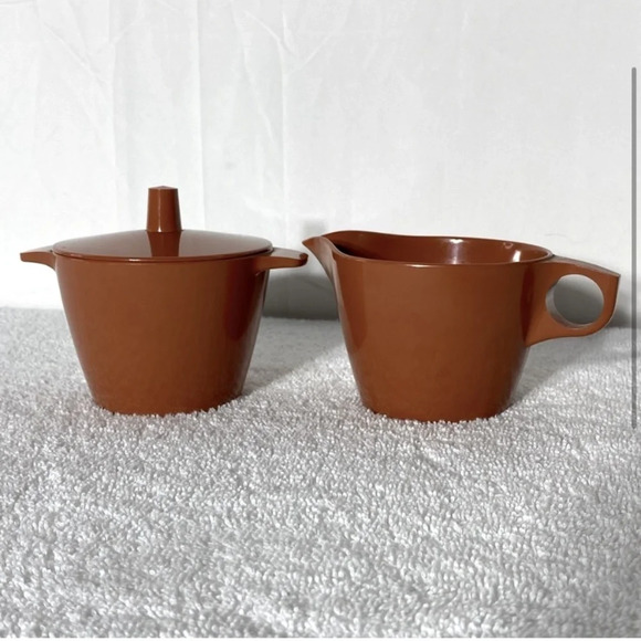 Vintage MCM Stylized Dinnerware Brown Melmac Melamine Cream & Sugar Set - Picture 2 of 14